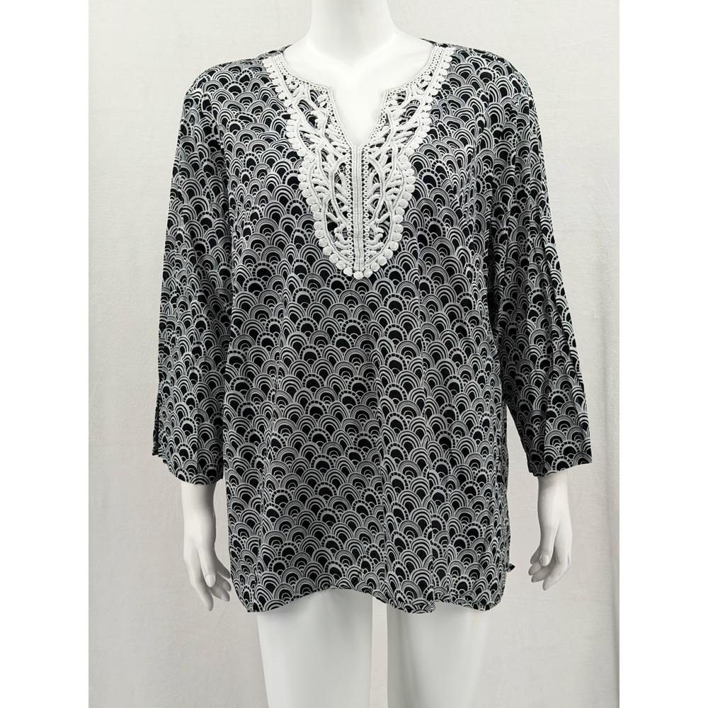 Talbots Top Womens 2X Navy White Lace Trim Scallop Geometric Boho Summer Coastal